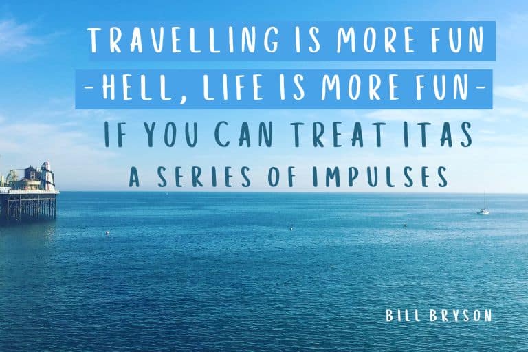 travelling is more fun bill bryson quote on image of sea and pier